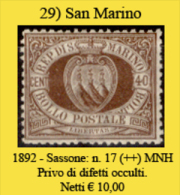 San-Marino-0029 - 1892-Sassone: N.17 (++) MNH, Privo Di Difetti Occulti. - Unused Stamps