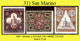 San-Marino-0031 - 1894-Sassone: N.23 (+) LH, 24 (++) MNH, 25 (+) LH,  Privi Di Difetti Occulti. - Unused Stamps