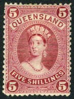 Queensland #76 Mint Hinged 5sh Carmine Rose Victoria From 1885 (thin Paper) - Nuovi