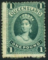 Queensland #83 Mint No Gum £1 Dark Green Victoria From 1886 (thick Paper) - Mint Stamps