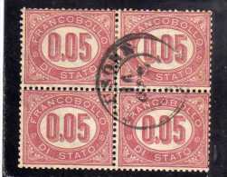 ITALIA REGNO ITALY KINGDOM 1875 SERVIZIO FRANCOBOLLO DI STATO SERVICE CENT. 5 (0,05) QUARTINA USATA BLOCK USED - Dienstzegels