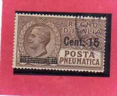 ITALIA REGNO ITALY KINGDOM 1924 1925 POSTA PNEUMATICA EFFIGIE RE VITTORIO EMANUELE EFFIGY KING CENT. 15 SU 10 USED USATO - Correo Neumático