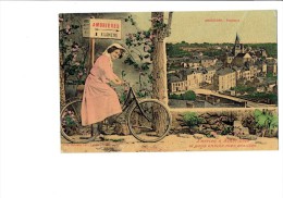 53 - AMBRIERES - Panorama - édit. Hélouin - Femme Sur Un Vélo Bicyclette - Carte Huilée Vernie - Panneau Direction - Ambrieres Les Vallees