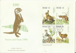 IRELAND 1980 - FDC FAUNA:LEPUS TIMIDUS (IRISH HARE) - VULPES VULPES (FOX) - MUSTELA ERMINEA (STOAT) - CERVUS ELAPHUS (RE - FDC