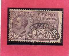 ITALIA REGNO ITALY KINGDOM 925 POSTA PNEUMATICA EFFIGIE RE VITTORIO EMANUELE EFFIGY KING CENT. 20 USED USATO - Correo Neumático