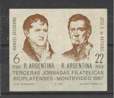 ARGENTINA 1967 - SOUVENIR SHEET 3RD PHILATELIC DAY RIOPLASTENSE-MONTEVIDEO 1967  W 2 ST OF 6-22PESOSIMPERFORATED MINT  N - Blocs-feuillets