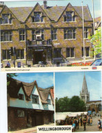 TWO MODERN POSTCARDS - THE HIND HOTEL - OLD HOUSE - PARISH CHURCH - MARKET STALLS - WELLINGBOROUGH - Northamptonshire