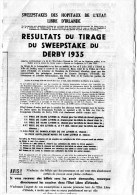 RESULTATS Du TIRAGE Du SWEEPSTAKE IRLANDAIS Du DERBY 1935 - Hipismo