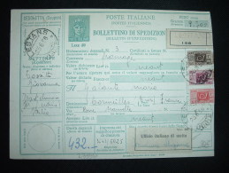 BULLETIN D'EXPEDITION ENTIER 40L + TP 500L + 300L + 50L OBL. 25-6-56 LESTANS + VIGNETTE UFFICIO ITALIANO DI USCITA - Postal Parcels