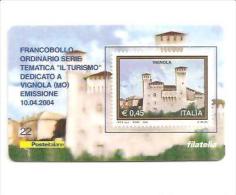 63457) Tessera Filatelica Francobollo Ordinario Serie Tematica Il Turismo Dedicato A Vignola (MO)  Emissione 10/04/2004 - Philatelic Cards