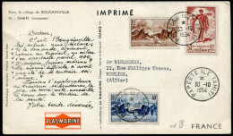 OCÉANIE - N° 182 + 184 + 185  / CP PUBLICITAIRE PLASMARINE , OBL. PAPEETE LE 30/10/1954 , POUR LA FRANCE - TB - Storia Postale