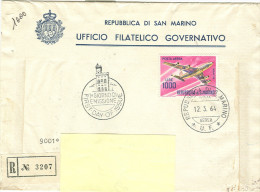 STORIA POSTALE, SAN MARINO  POSTA AEREA £.1000, 1° GIORNO, VIAGGIATA  1964, RACCOMANDATA - Covers & Documents