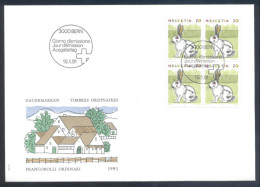 Switzerland Fauna Rabbit Hare Hase 1991 FDC Cover - Rabbit Stamps Block Of 4 - Hasen