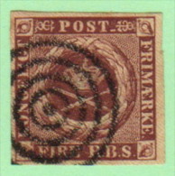 DEN SC #2a  Royal Emblems  4-margins  1st Printing  W/target Cancel, CV $40.00 - Used Stamps