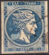 GREECE 1875-1880 Large Hermes Head On Cream Paper With CN 20 L Blue Vl. 65 With Light Spot In Neck - Oblitérés