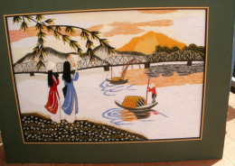Tableau Entièrement Brodé à La Main, Fil De Soie, Asiatique, Sampan, 35 X 49 Cm - Asiatische Kunst