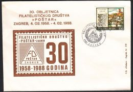 Yugoslavia 1988, Illustrated Cover "30 Years Of Philatelic Sociaty "Postar""  W./ Special Postmark "Zagreb", Ref.bbzg - Lettres & Documents
