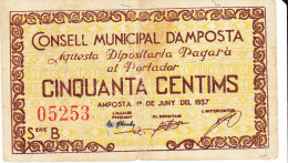 BILLETE LOCAL GUERRA CIVIL 50 CTS  CONSELL MUNICIPAL D`AMPOSTA - Other & Unclassified