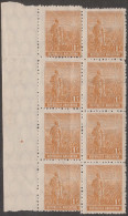 Argentine 1912, Y&T 178. Bloc De 8, Curiosité De Piquage. Agriculteur, Sillons Et Soleil. Neufs Sans Charnières, MNH - Agriculture