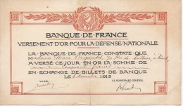 BANQUE De FRANCE Versement D'or Pour La Défense Nationale Décembre 1915 - Other & Unclassified