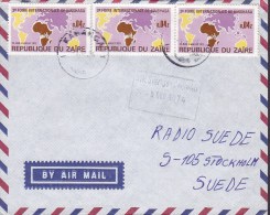 Zaire Airmail Par Avion KANANGA 1974 Cover Brief STOCKHOLM Sweden 3-Stripe Foire Int. De Kinshasa Landkarte Map - Otros & Sin Clasificación