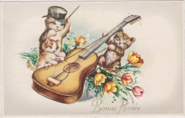 BONNE ANNEE AVEC CHAT,CAT,CHATON,MIGNON,MU SICIEN,GUITARE,GUITARISTE ,FLEURS,animaux Joueurs - Año Nuevo