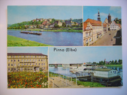 Germany: Pirna - Teilansicht Mit Elbe, Markt Mit Rathaus, Hotel "Schwarzer Adler", Dampferanlegestelle - 1970s Unused - Pirna