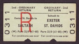 BR Railway Edmondson Ticket Saltash - Exeter St Davids 2nd Class Ordinary Return - Europe