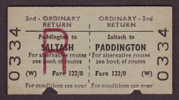 BR Railway Edmondson Ticket Saltash - Paddington 2nd Class Ordinary Return - Europa