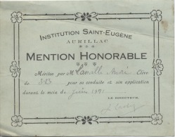 15  -  AURILLAC -   Institution Saint Eugene  - Mention Honorable  -  LASSALLE René -  1911 - Diplômes & Bulletins Scolaires