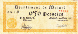 BILLETE LOCAL GUERRA CIVIL 0,50  PTS AYUNTAMIENTO DE MATARO - Autres & Non Classés