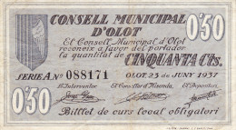 BILLETE LOCAL GUERRA CIVIL  0`50 CTS ONSEL MUNICIPAL D`OLOT - Autres & Non Classés