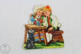 1900´s Old Illustration: Girl And Boy Drinking Milk - Germany Victorian Embossed, Die Cut/ Scrap Paper - Children