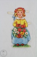 1900´s Old Illustration: Girl With Flowers - Germany Victorian Embossed, Die Cut/ Scrap Paper - Children