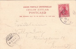 10 Deutches Reich Su Colombo, Ceylon Post Card To Zurigo 1902 - Andere & Zonder Classificatie