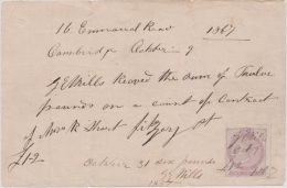 Great Britain 1867 Postal History Rare One Penny Revenue Stamp On Money Receipt - Heavy Folds D.396 - Brieven En Documenten