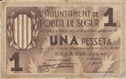 BILLETE LOCAL GUERRA CIVIL 1 PTS AYUNTAMIENTO POBLA DE SEGUR - Other & Unclassified