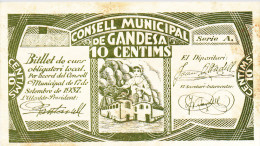 BILLETE LOCAL GUERRA CIVIL 10 CTS CONSELL MUNICIPAL DE GANDESA - Otros & Sin Clasificación