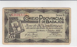 BILLETE LOCAL GUERRA CIVIL  50 CTS CONSEJO PROVINCIAL DE BADAJOZ - Otros & Sin Clasificación