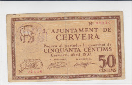 BILLETE LOCAL GUERRA CIVIL  50 CTS AYUNTAMIENTO DE CERVERA - Otros & Sin Clasificación