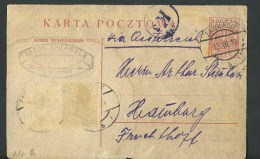 1919. STATIONARY CARD WITH IMPRINTED 15 F. STAMP. ZAWIERCIE  TO  FRANKFURT - Other & Unclassified