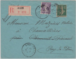 1917 - SEMEUSE TARIF 40 C Dont GC - ENVELOPPE RECOMMANDÉE De RIOM - 1906-38 Sower - Cameo