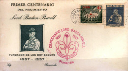 RG)1957 CARIBE, CAMPFIRE-SCOUTS-COAT OF SCOUTS, LORD BADEN-POWEL FIRTS BIRTH CENTENARY, FDC, XF - Ungebraucht