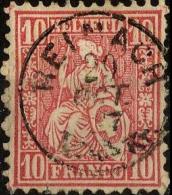 Sitzende Helvetia 38, 10 Rp.lilarosa  "REINACH"       1867 - Gebruikt