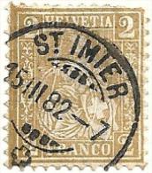 Sitzende Helvetia 44, 2 Rp.olivbraun  "ST.IMIER"   (Faser, Abart)      1882 - Usados