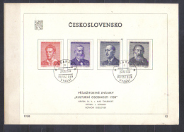 Czechoslovakia Mi 1093-1096  FIRST DAY SHEETS   Cultural Persons   Writers Fucik Capek  Cech 1958 - Covers & Documents