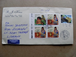 Cover Sent From Brazil To Lithuania On 2013 Special Cancel Fdc Woman Snake Flag  Tree Myths Legends - Briefe U. Dokumente