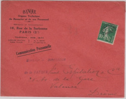 ENVELOPPE COMMERCIALE SEMEUSE PRE-OBLITÉRÉE  (BANQUE) De PARIS - 1906-38 Säerin, Untergrund Glatt