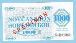 BOSNIA - BOSNIEN UND HERZEGOWINA, 1000 Dinara 1992 UNC SPECIMEN No. 000000. - Bosnien-Herzegowina