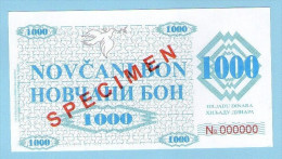 BOSNIA - BOSNIEN UND HERZEGOWINA, 1000 Dinara 1992 UNC SPECIMEN No. 000000. - Bosnia And Herzegovina